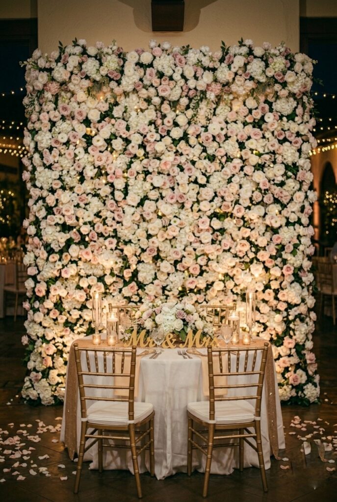 Portrait, 2:3 aspect ratio – Head table backdrop with minimal florals (only 18-24 inches focal cluster at top) with clean fabric and lighting below, showing proper reception backdrop design
