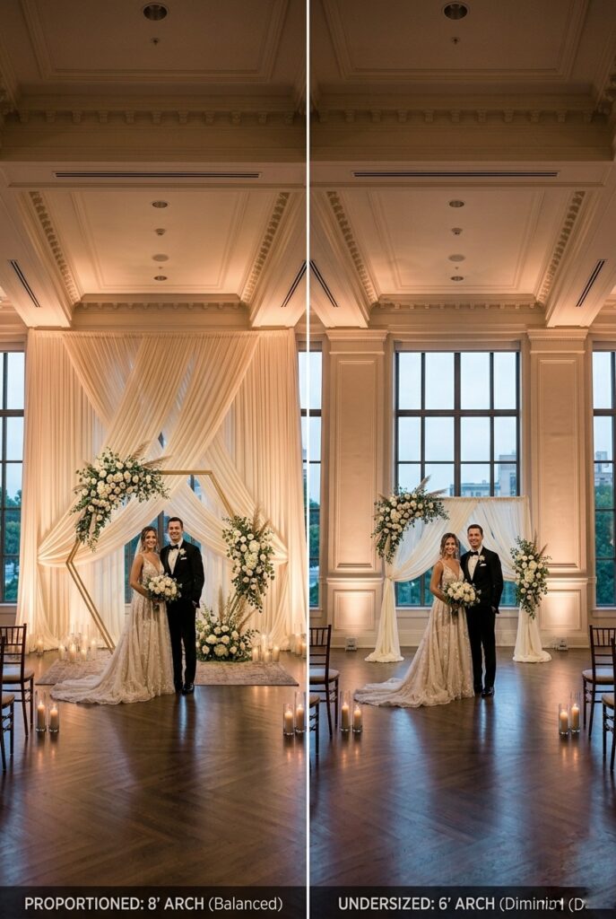 IMAGE 1 HERE Alt text: Side-by-side comparison of ballroom with 12-foot ceilings showing a proportionally scaled 9-foot tall backdrop arch versus the same venue with undersized 6-foot backdrop, demonstrating visual difference in spatial harmony Image prompt: Split-screen professional photography comparison showing a luxurious indoor ballroom. Left side: 12-foot ceiling with an 8-foot tall golden metal arch backdrop dressed with white flowers and draping, proportionally balanced to the room. Right side: same ballroom with a 6-foot tall arch appearing diminished and insignificant against the tall ceiling. Both sides show bride and groom at the altar. Warm professional lighting, high-end venue. Create realistic photography. Generate in vertical portrait orientation, 2:3 aspect ratio, optimized for mobile display.