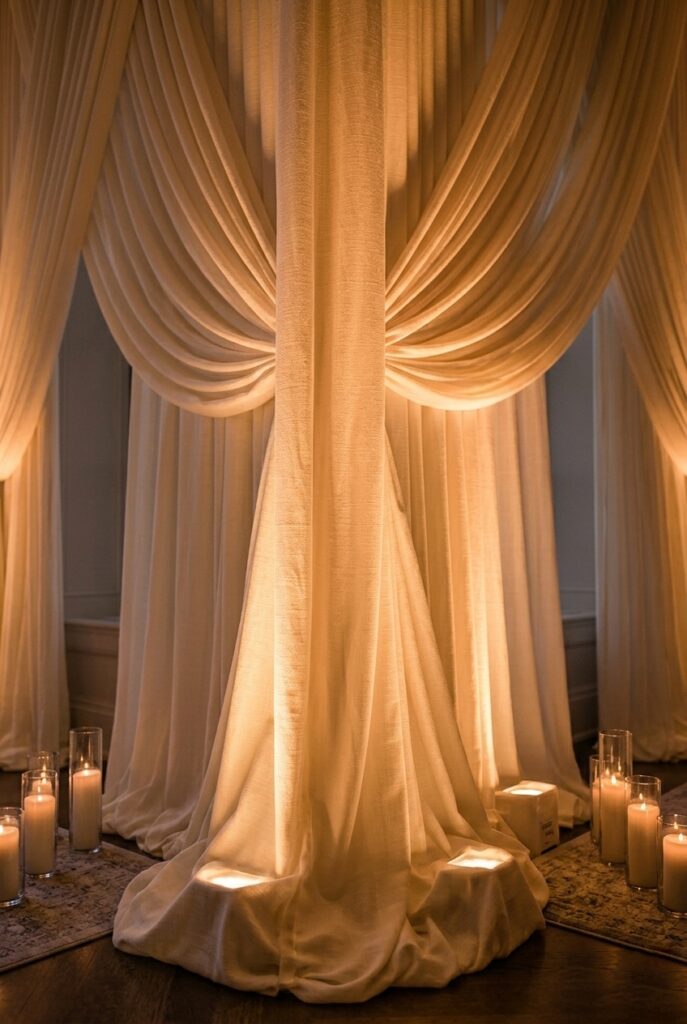 IMAGE 2 HERE Alt text: Close-up of ivory fabric backdrop with warm golden uplighting emanating from floor level, creating rich shadows and dimensional texture on the fabric that reads as luxurious Image prompt: Professional close-up detail shot of a cream-colored fabric backdrop at an indoor wedding, with warm golden uplighting positioned at ground level creating soft glowing shadows and dimensional texture on the draped linen. The light reveals fabric texture and creates elegant dimensional effect. Candlelit warm atmosphere, no harsh shadows. Focus on the tactile quality uplighting creates. Photorealistic. Generate in vertical portrait orientation, 2:3 aspect ratio, optimized for mobile display.