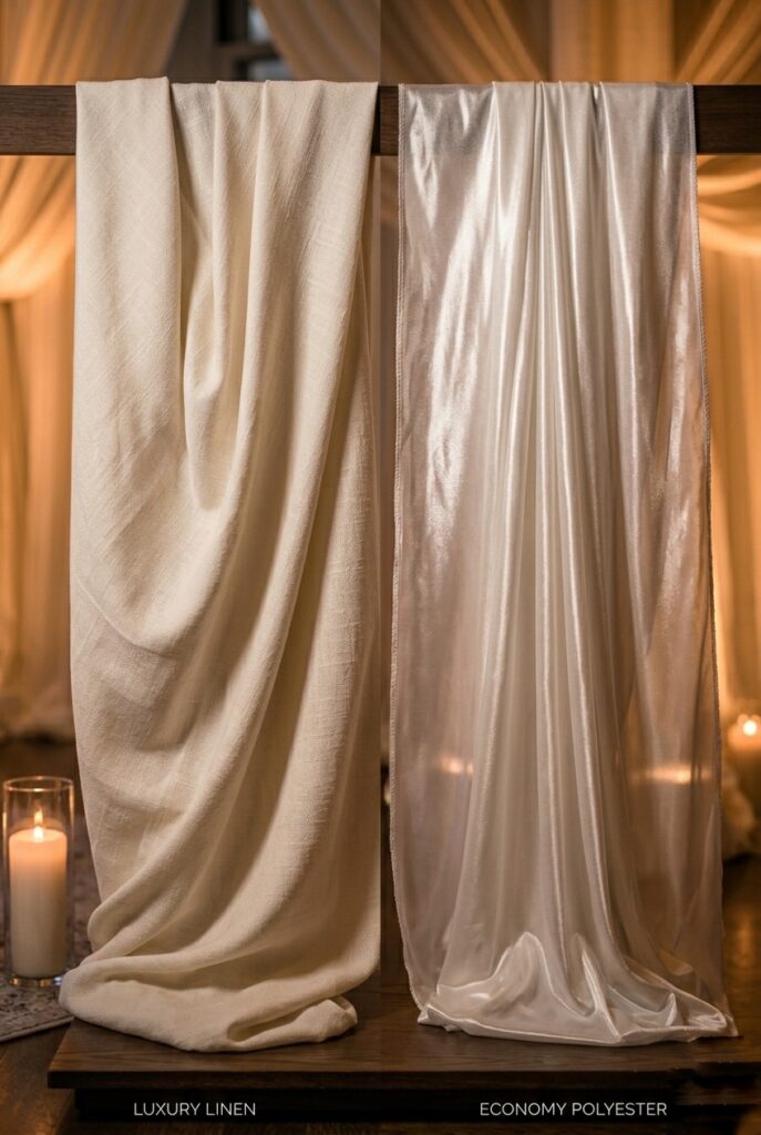 IMAGE 3 HERE Alt text: Close-up textile comparison showing matte ivory linen backdrop with visible weave texture and warm internal light, positioned beside shiny polyester showing harsh light reflection and thin, cheap appearance Image prompt: Professional product comparison photography showing swatches of wedding backdrop fabrics. Left side: luxurious matte ivory linen with visible subtle texture and depth, with warm candlelit light creating soft play across the weave. Right side: shiny polyester blend fabric showing harsh light reflection, thin quality, and cheap aesthetic under same lighting. Both fabrics draped to show how they hang. Warm professional lighting. Generate in vertical portrait orientation, 2:3 aspect ratio, optimized for mobile display.