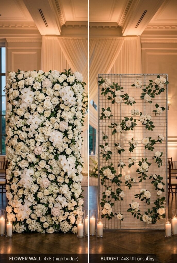 IMAGE 5 HERE Alt text: Two side-by-side flower wall photos showing a dense, luxurious full-coverage flower installation on left versus a sparse, airy flower arrangement on right with visible gaps, demonstrating professional vs. budget construction Image prompt: Professional comparison shot of two flower walls positioned side-by-side indoors. Left: densely packed lush floral installation with hundreds of roses, peonies, and greenery creating completely full coverage with no visible gaps or backing. Right: sparse floral arrangement with visible gaps between flowers and visible backing structure, thin appearance. Both lit with warm indoor venue lighting. Same 4x8 foot frame dimensions. Create realistic photography. Generate in vertical portrait orientation, 2:3 aspect ratio, optimized for mobile display.
