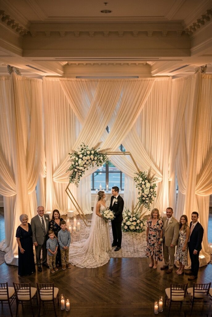IMAGE 4 HERE Alt text: Wide-angle overhead shot of a 20-foot backdrop setup with central arch accommodating bride and groom, flanked by fabric draping on both sides with space for extended family groupings Image prompt: Professional overhead wide-angle photography of an indoor wedding ceremony backdrop spanning approximately 20 feet horizontally. Center features a 10-foot metal gold arch with white floral arrangement framing bride and groom. On both sides, ivory fabric draping cascades from ceiling, creating symmetrical wings that extend the visual width. Foreground shows empty space where family groups could position themselves comfortably. Warm professional lighting with uplighting visible at base. High ceiling venue. Generate in vertical portrait orientation, 2:3 aspect ratio, optimized for mobile display.