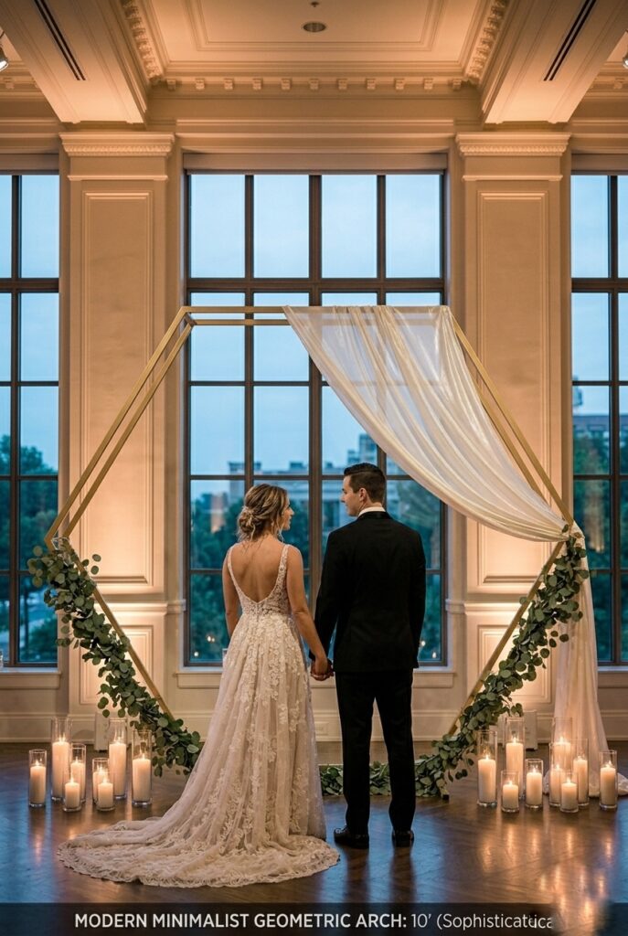 IMAGE 6 HERE Alt text: A brushed gold geometric hexagon arch indoors with minimal sheer fabric draping and simple greenery garland, positioned under warm uplighting, demonstrating how simple geometric structures photograph as sophisticated Image prompt: Professional indoor wedding ceremony backdrop featuring a 10-foot tall geometric hexagon arch made of brushed gold metal tubing. Minimal sheer ivory fabric draped loosely on one side. Simple eucalyptus garland draping along bottom edge. Warm candlelit uplighting from floor level illuminating the arch structure, creating dimensional effect. Bride and groom visible in foreground facing the arch. Luxury indoor venue with high ceilings. No flowers. Create realistic professional photography. Generate in vertical portrait orientation, 2:3 aspect ratio, optimized for mobile display.