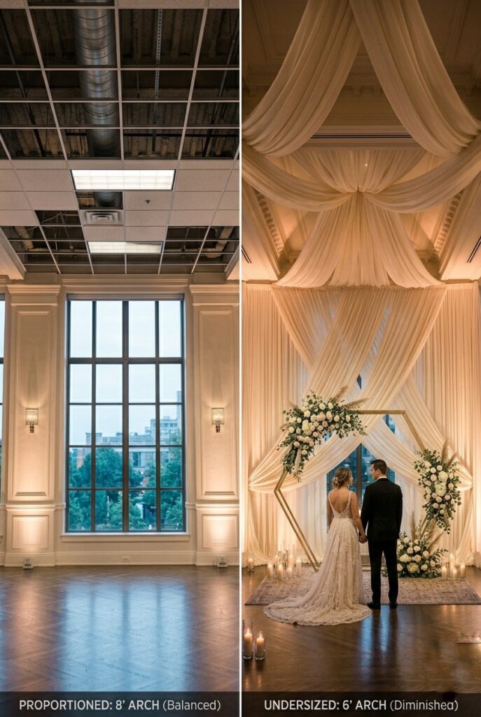 IMAGE 7 HERE Alt text: Before-and-after indoor wedding venue showing exposed industrial ceiling with grid and pipes before draping, and the same space with ivory fabric cascading from ceiling to frame the backdrop, creating finished elegant aesthetic Image prompt: Split-screen professional venue photography. Left side: Indoor ballroom with exposed ceiling grid, industrial HVAC piping, acoustic tiles looking industrial and unfinished. Right side: same exact venue transformed with ivory fabric ceiling draping cascading from rigged points, creating a fabric canopy that frames an elegant white floral backdrop. Warm professional lighting. The draping hides the industrial elements completely. Generate in vertical portrait orientation, 2:3 aspect ratio, optimized for mobile display.