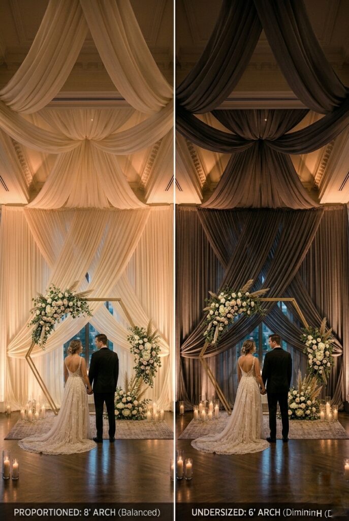 IMAGE 8 HERE Alt text: Same bride and groom photographed against an ivory backdrop and separately against a charcoal backdrop in identical indoor venue lighting, showing how the lighter backdrop keeps them visible while the dark backdrop creates shadowing Image prompt: Professional split-screen indoor wedding photography comparison. Left side: bride and groom exchanging vows in front of an ivory/cream fabric backdrop, lit with warm uplighting, couple clearly visible with proper exposure, backdrop reads as elegant. Right side: identical scene, identical couple, identical venue, but backdrop is charcoal gray. Under the same venue lighting, the couple appears more shadowed, and the space feels smaller and more closed-in. Warm candlelit atmosphere in both. Generate in vertical portrait orientation, 2:3 aspect ratio, optimized for mobile display.