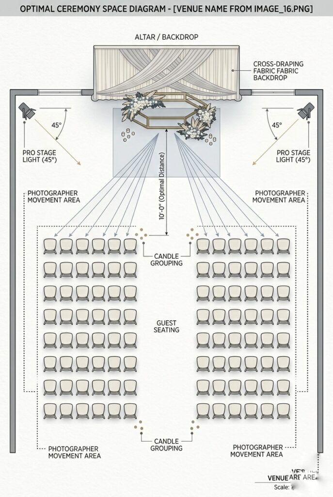 IMAGE 9 HERE Alt text: Top-down venue diagram showing a ceremony space with an altar/backdrop positioned at optimal distance from guest seating, with space for side lighting and photographer movement clearly marked Image prompt: Professional top-down architectural-style venue diagram showing a wedding ceremony layout. Positioned at the front: a decorated wedding backdrop with arch, marked at exact 10-foot distance from front row of guest chairs. Clear sight lines drawn from guest seating over the altar area. Professional lighting positions marked on sides (stage left and stage right) at 45-degree angles. Photographer positioning areas marked with dotted lines. Modern, clean, professional diagrammatic style. Generate in vertical portrait orientation, 2:3 aspect ratio, optimized for mobile display.