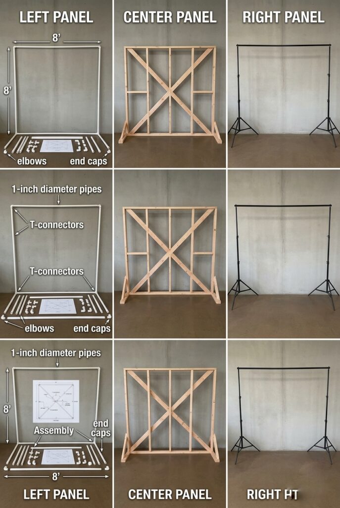IMAGE 1 HERE Alt text: Side-by-side comparison of three backdrop frame options—DIY PVC pipe assembly with labeled components, solid wood 2x4 frame, and a pre-made rental stand—showing relative complexity and durability Image prompt: Educational comparison photography showing three different backdrop frame options. Left panel: DIY PVC pipe frame laid out with labeled components (1-inch diameter pipes, T-connectors, elbows, end caps) with assembly diagram. Center panel: wooden 2x4 frame showing joints and structural design. Right panel: professional pre-made rental backdrop stand assembled and ready to use. All three set to identical 8 feet tall by 8 feet wide dimensions. Shot from above showing the architectural construction clearly. Generate in vertical portrait orientation, 2:3 aspect ratio, optimized for mobile display.