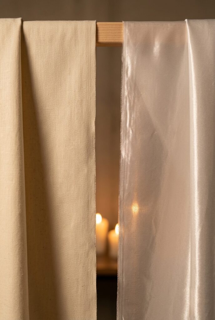 IMAGE 3 HERE Alt text: Close-up fabric comparison showing matte linen under warm light with rich texture versus shiny polyester under identical light showing plastic-looking reflection and thin appearance Image prompt: Professional textile close-up photography comparing two fabrics side-by-side under identical warm candlelit indoor lighting. Left: matte cream linen showing subtle weave texture, warm light absorption, appears luxurious and intentional. Right: shiny polyester showing harsh light reflection, thin appearance, plastic-looking sheen. Both fabrics draped to show hang quality. Same 7-foot height, same lighting angle. Demonstrates the visual difference in backdrop elegance based purely on fabric choice. Generate in vertical portrait orientation, 2:3 aspect ratio, optimized for mobile display.
