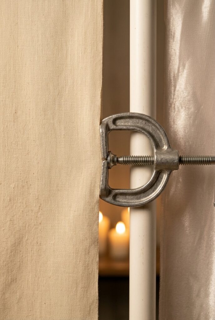 IMAGE 4 HERE Alt text: Close-up detail showing heavy-duty clamp securing cream linen fabric to PVC pipe with tight, professional appearance, demonstrating how clamps keep fabric taut and wrinkle-free Image prompt: Professional close-up detail photography of a heavy-duty metal clamp securing cream linen fabric to a 1-inch PVC pipe. The clamp is fully tightened, the fabric is wrinkle-free and taut, and the overall appearance is professional and intentional. Warm natural light showing the clean, polished result. No visible zip ties, glue, or damage to either the fabric or pipe. Shows why clamps are the professional choice. Generate in vertical portrait orientation, 2:3 aspect ratio, optimized for mobile display.