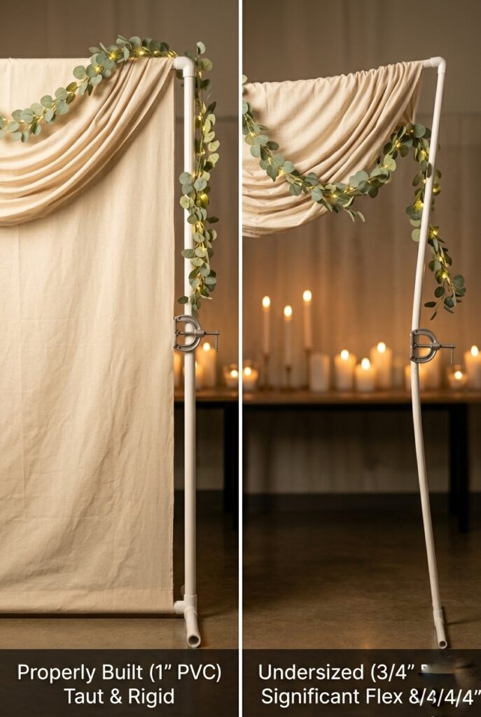 IMAGE 5 HERE Alt text: Before-and-after comparison showing a properly built PVC frame holding draped fabric and light garland without bending versus an undersized frame showing visible pipe flex and sagging under modest weight Image prompt: Side-by-side comparison photography of two PVC pipe backdrop structures. Left: properly constructed 1-inch diameter PVC frame with adequate base, holding cream fabric and light eucalyptus garland without any visible flex, frame remains perfectly vertical and rigid. Right: undersized 3/4-inch diameter PVC frame under similar weight showing visible bending, fabric sagging, pipe flexing visibly at the top, overall unstable appearance. Both loaded identically to show the structural difference. Generate in vertical portrait orientation, 2:3 aspect ratio, optimized for mobile display.