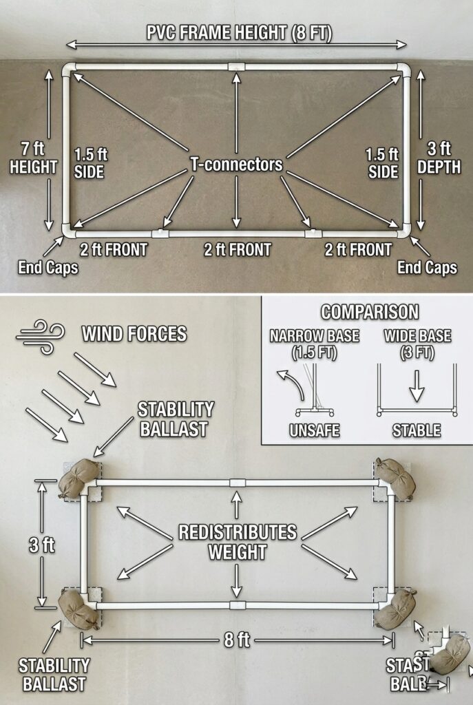 IMAGE 6 HERE Alt text: Top-down diagram showing proper base proportions for 8-foot-tall frame (base must be 3 feet deep minimum) and positioning of sandbags or concrete footers at each base corner to prevent tipping Image prompt: Technical overhead diagram showing stability principles for PVC pipe backdrop frame. 8-foot-wide by 7-foot-tall frame with properly proportioned base showing 3-foot depth. Sandbags or concrete footers positioned at all four base corners. Wind forces illustrated with arrows showing how wide base redistributes weight. Comparison diagram showing narrow base (unsafe) versus wide base (stable) with same frame height. Clean architectural style diagram. Generate in vertical portrait orientation, 2:3 aspect ratio, optimized for mobile display.