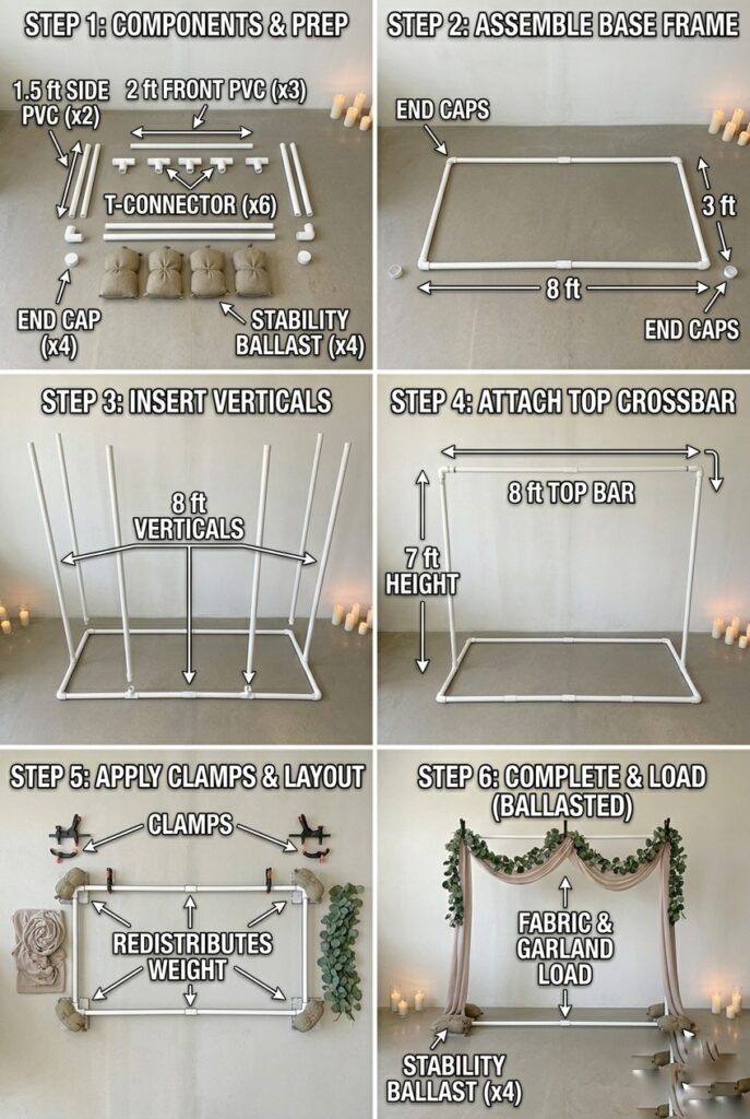 IMAGE 7 HERE Alt text: Time-lapse sequence showing the step-by-step assembly process of a PVC backdrop frame from component pieces to fully assembled and fabric-draped structure Image prompt: Sequential instructional photography showing the DIY PVC backdrop assembly process. Frame 1: all PVC pipe components laid out organized and labeled. Frame 2: base assembled (rectangular frame of T-connectors and horizontal pieces). Frame 3: vertical supports inserted into base T-connectors. Frame 4: top horizontal bar connected with elbows to verticals. Frame 5: clamps attached to top bar. Frame 6: fabric draped and clamped, structure complete and standing. All frames shot from same angle to show progression. Clear, instructional photography style. Generate in vertical portrait orientation, 2:3 aspect ratio, optimized for mobile display.