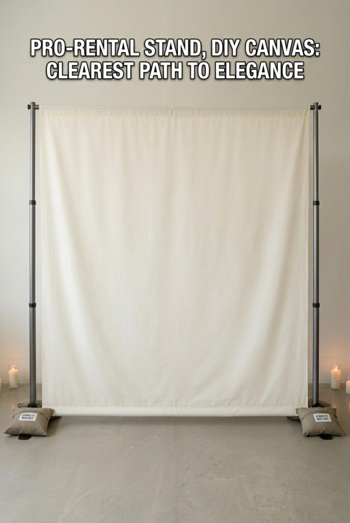 IMAGE 8 HERE Alt text: A professionally-rented backdrop stand with neutral plain fabric backdrop, showing clean simple styling that could be enhanced with DIY decoration elements like garland or lights Image prompt: Professional photography of a rented metal backdrop stand (8 feet wide by 8 feet tall) holding plain cream-colored fabric. The stand is sturdy, professional-looking, and ready for additional decoration. No flowers, no garland yet—just the clean stand and fabric. This demonstrates how renting the frame and DIYing the decoration is often the smartest budget choice. Venue setting, clean professional appearance. Generate in vertical portrait orientation, 2:3 aspect ratio, optimized for mobile display.