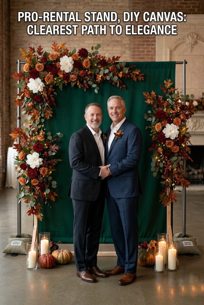 IMAGE 9 HERE Alt text: The same PVC backdrop frame from the wedding displayed in a different venue setting, styled differently for an anniversary photo session, demonstrating multi-use value and cost recovery Image prompt: Professional wedding anniversary photography using the same DIY PVC pipe backdrop frame from the original wedding (now one year later). Same couple, same frame, but styled completely differently—different fabric color, different seasonal flowers and garland, different lighting setup. Shows how a single DIY investment can be reused multiple times, paying for itself. Demonstrates the long-term value of building your own frame. Generate in vertical portrait orientation, 2:3 aspect ratio, optimized for mobile display.