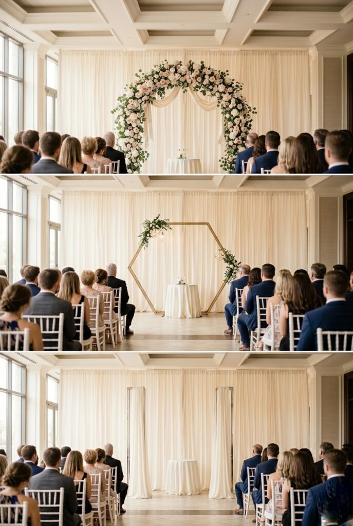 IMAGE 1 HERE Alt text: Comparison photography of the same venue with three different backdrop shapes—curved arch, geometric hexagon, and linear posts—showing how the space feels visually different in each configuration from guest seating perspective Image prompt: Professional venue comparison photography showing one blank ceremony space photographed three times with different backdrop structures. Photo 1: curved blush floral arch, soft inviting feeling, space feels intimate. Photo 2: geometric hexagon metal arch with minimal greenery, sharp modern feeling, space feels defined. Photo 3: linear tall metal posts with fabric draping, elongated feeling, space feels tall and minimal. All three shot from guest seating perspective (center of room looking forward at the altar). Same venue, same lighting, different shape psychology. Professional wedding venue setting. Generate in vertical portrait orientation, 2:3 aspect ratio, optimized for mobile display.