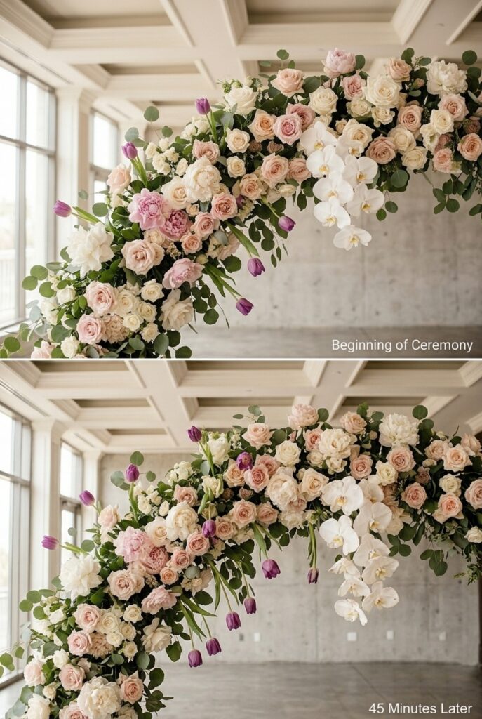 IMAGE 2 HERE Alt text: Comparison photography of the same floral arch design photographed at beginning of ceremony and 45 minutes later, showing subtle wilting of delicate flowers like tulips and orchids versus hardy roses and peonies remaining fresh Image prompt: Professional before-and-after wedding photography of identical floral arch with mixed flowers. Photo 1 (beginning of ceremony): all flowers fresh, tight, vibrant—tulips upright, orchids crisp, roses full, peonies perfect. Photo 2 (45 minutes later, same lighting): tulips noticeably drooping, orchids beginning to open/soften, roses still holding firm, peonies unchanged. Venue lighting is warm overhead spotlights (ceremony lighting, 500+ watts visible). Both photos shot from same angle at same time of day. Demonstrates visible wilting of delicate varieties. Generate in vertical portrait orientation, 2:3 aspect ratio, optimized for mobile display.
