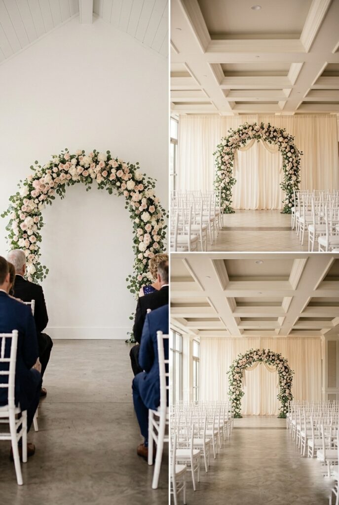 IMAGE 3 HERE Alt text: Side-by-side venue photography showing the same floral arch design appearing oversized and overwhelming in a narrow chapel versus proportionally balanced in a wider ballroom space Image prompt: Professional wedding venue comparison photography. Photo 1: narrow white chapel (approximately 25 feet wide), decorated with a standard 8-foot floral arch at the altar. The arch dominates the space, feels overwhelming and cramped, guests on sides appear squeezed. Photo 2: same 8-foot arch placed in a 50-foot-wide ballroom. In the ballroom, the arch appears balanced, intentional, and properly framed by space. Same arch structure, same flowers, dramatically different spatial feeling. Shot from guest perspective looking toward altar. Generate in vertical portrait orientation, 2:3 aspect ratio, optimized for mobile display.