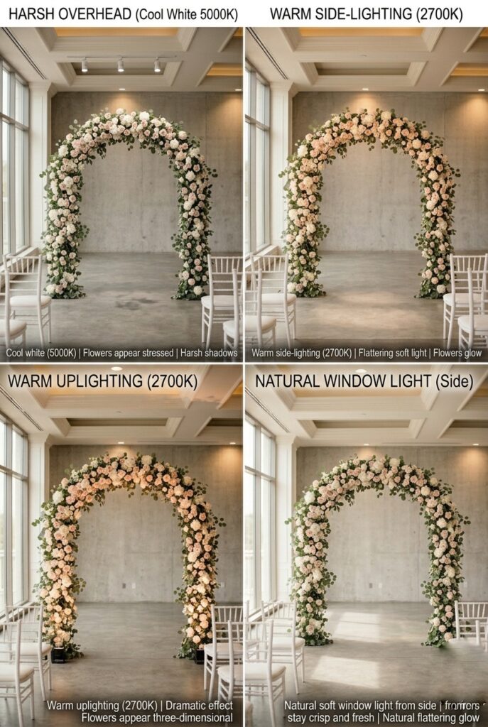 IMAGE 6 HERE Alt text: Comparison photography of the same ceremony backdrop under different lighting scenarios—harsh overhead lights, side-lighting, uplighting, and natural window light—showing how lighting affects flower appearance, color rendering, and shadow quality Image prompt: Professional ceremony space photographed four different ways under identical conditions. Photo 1: harsh overhead spotlights, cool white (5000K), creates dark shadows under flowers and on faces, flowers appear stressed. Photo 2: warm side-lighting (2700K), flattering soft light, flowers glow, faces appear luminous. Photo 3: warm uplighting under backdrop (2700K), dramatic effect, flowers appear three-dimensional, faces softly lit. Photo 4: natural soft window light from side, flowers stay crisp and fresh, natural flattering glow. Same backdrop, same flowers, dramatically different appearance. Generate in vertical portrait orientation, 2:3 aspect ratio, optimized for mobile display.