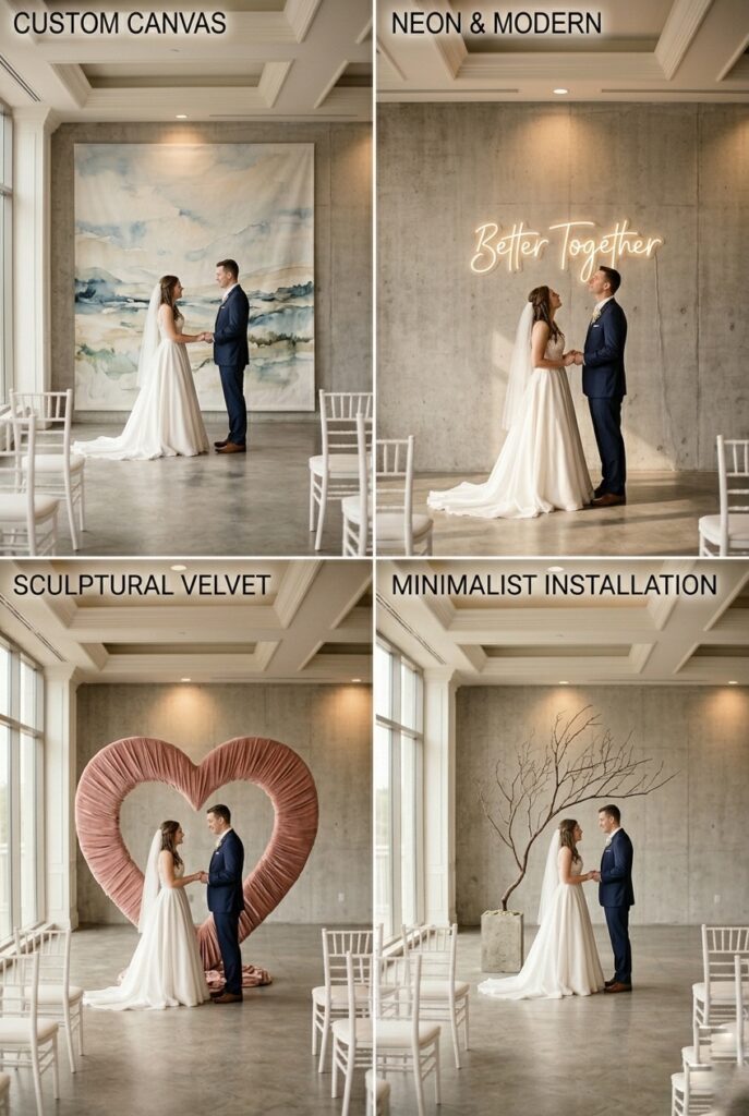 IMAGE 8 HERE Alt text: Four different statement single-element ceremony backdrops—custom painted canvas, neon sign, sculptural velvet shape, and minimalist installation—showing high-impact alternatives to traditional floral arches Image prompt: Four professional ceremony photography examples showing different single-element backdrops. Photo 1: bride and groom in front of custom-painted canvas backdrop (watercolor landscape, 10x12 feet), artistic and personal. Photo 2: couple in front of custom neon sign reading "Better Together" in script, glowing warm white, modern and bold. Photo 3: couple positioned in front of large velvet blush heart (6 feet tall), luxe and sculptural. Photo 4: couple standing in front of minimal installation—single tall branch in concrete base, Japanese-inspired, clean and sophisticated. All photographed professionally showing how single-element designs read dramatically different from traditional floral arches. Generate in vertical portrait orientation, 2:3 aspect ratio, optimized for mobile display.