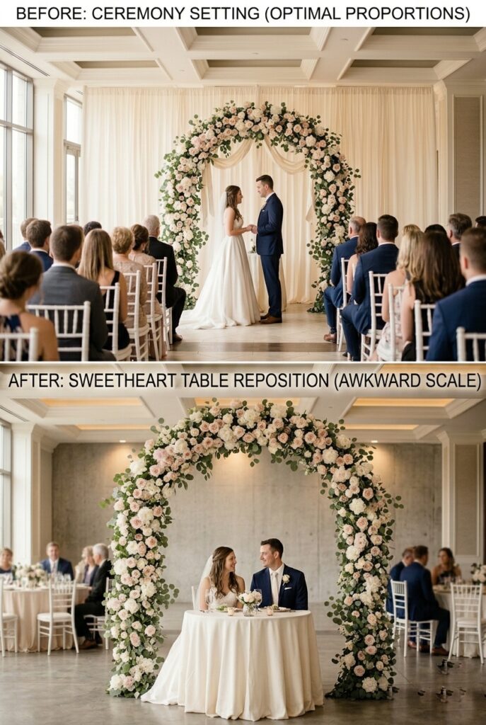 IMAGE 7 HERE Alt text: Before-and-after ceremony and reception photos showing the same repositioned backdrop arch looking optimal during ceremony but visually awkward during reception sweetheart table setup Image prompt: Two wedding photos showing the same floral arch in two different uses. Photo 1: ceremony setting with bride and groom standing at altar beneath the arch, guests visible in background, arch perfectly proportioned and positioned for ceremony. Photo 2: same arch repositioned behind sweetheart table during reception, couple seated directly in front of it at table, arch appears oversized relative to seated couple, visual relationship feels awkward. Shows why repositioning sometimes compromises design. Generate in vertical portrait orientation, 2:3 aspect ratio, optimized for mobile display.