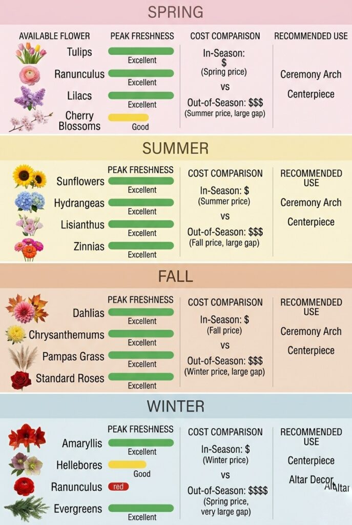 IMAGE 9 HERE Alt text: Seasonal flower availability chart showing which flowers are abundant, affordable, and fresh in each season, with pricing comparison between in-season and out-of-season varieties Image prompt: Visual infographic showing wedding flower availability by season. Four seasonal sections (spring, summer, fall, winter) each showing 4-5 available flowers with photorealistic images. Next to each flower: peak freshness indicator (green=excellent, yellow=good, red=import needed), cost comparison (in-season vs. out-of-season), and recommended use (ceremony arch, centerpiece, etc.). Clean, easy-to-scan layout. Professional wedding industry style. Generate in vertical portrait orientation, 2:3 aspect ratio, optimized for mobile display.