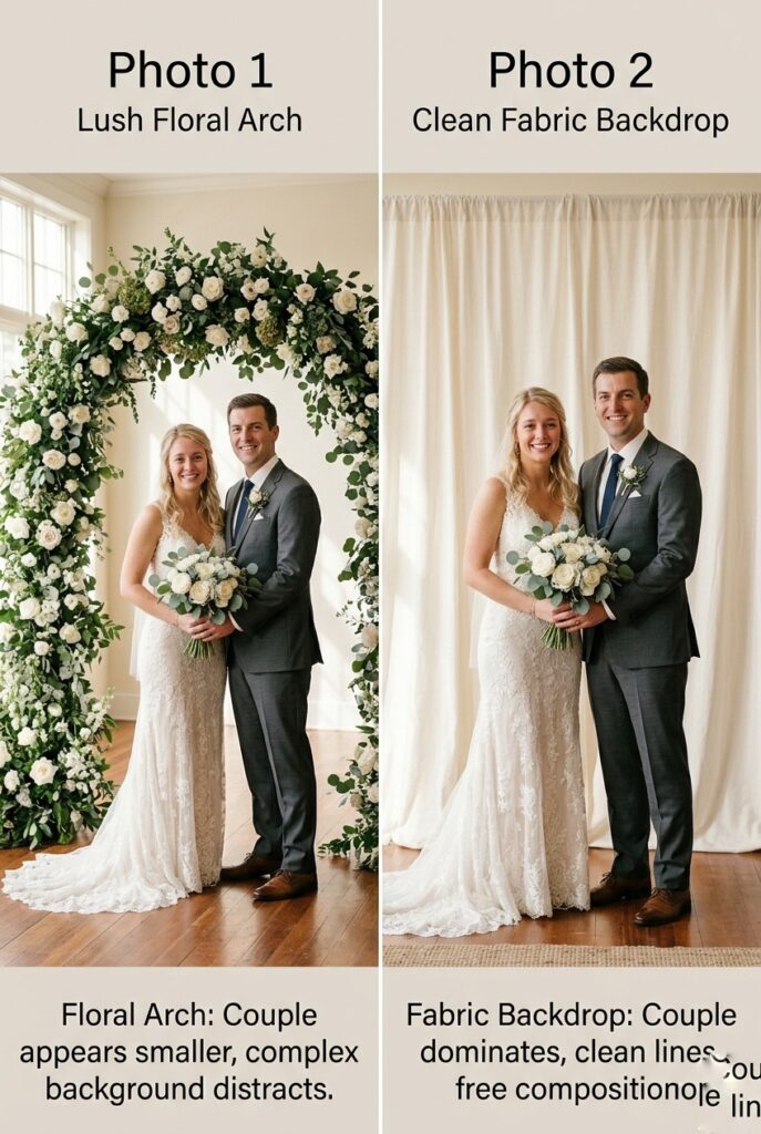IMAGE 1 HERE Alt text: Side-by-side wedding photography comparison showing same couple photographed in front of lush floral arch versus clean ivory fabric backdrop, demonstrating how solid backdrop allows better framing and keeps focus on couple Image prompt: Professional wedding photography comparison. Photo 1: bride and groom standing beneath a full lush floral arch with curved structure, arch dominates composition, couple appears smaller, photographer had to angle camera to avoid showing support structure, image feels cluttered. Photo 2: identical couple, same venue, same lighting, standing in front of clean ivory fabric backdrop with no arch, photographer can frame freely, couple dominates composition, clean professional appearance. Same ceremony, different backdrop. Both shot professionally showing the visual difference backdrop choice makes. Generate in vertical portrait orientation, 2:3 aspect ratio, optimized for mobile display.