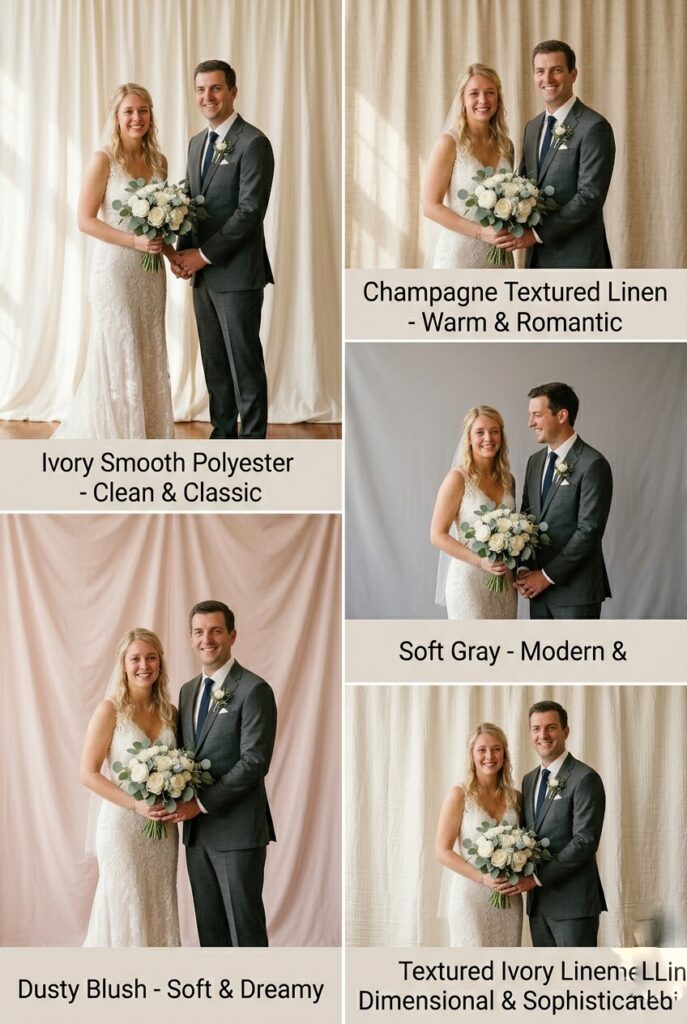 IMAGE 2 HERE Alt text: Professional photography showing identical couple photographed in front of five different fabric backdrop colors/textures—ivory, champagne, gray, blush, and textured linen—demonstrating how fabric choice affects the overall look and feel of the final photograph Image prompt: Professional wedding photography comparison showing one bride and groom couple photographed against five different fabric backdrops. Photo 1: ivory smooth polyester, clean professional. Photo 2: champagne textured linen, warm romantic. Photo 3: soft gray, modern minimalist. Photo 4: dusty blush, soft dreamy. Photo 5: textured ivory linen, dimensional sophisticated. Same lighting, same couple, same time, different backdrops showing how color and texture affect final photograph quality. Professional photography studio setting. Generate in vertical portrait orientation, 2:3 aspect ratio, optimized for mobile display.