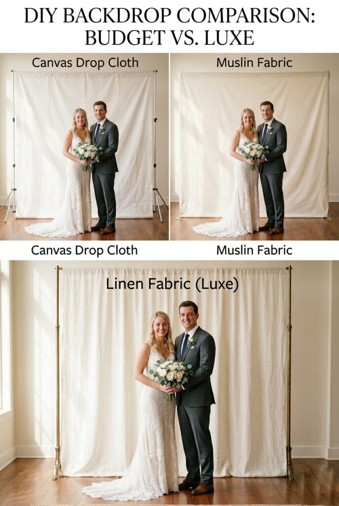 IMAGE 3 HERE Alt text: DIY backdrop comparison showing canvas drop cloth, muslin, and linen fabrics hung on simple stands, photographed under wedding ceremony lighting demonstrating how budget materials can create professional results Image prompt: Professional comparison photography of three DIY fabric backdrops. Photo 1: white canvas drop cloth on portable stand, clean simple look, photographs professionally. Photo 2: muslin fabric on PVC frame, smooth neutral, professional photography standard. Photo 3: ivory linen on stand, textured rich appearance, most expensive but most luxe. Same couple positioned in front of each, same professional wedding lighting, showing that budget-friendly materials can photograph identically to expensive backdrops. Demonstrating DIY cost savings without sacrificing quality. Generate in vertical portrait orientation, 2:3 aspect ratio, optimized for mobile display.