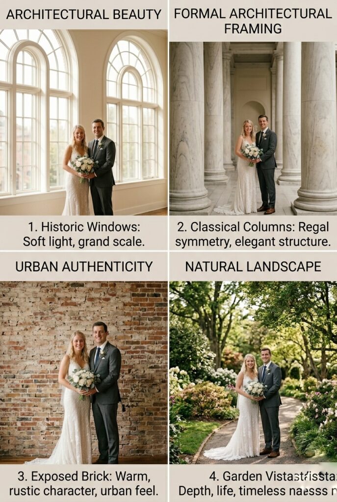 IMAGE 4 HERE Alt text: Four wedding ceremony photographs showing couples positioned in front of existing venue features—tall windows, architectural columns, textured brick wall, and outdoor garden backdrop—demonstrating how authentic venues photograph better than decorated backdrops Image prompt: Professional wedding photography showing four different ceremonies using existing venue architecture as backdrop. Photo 1: couple in front of tall arched windows with soft light, architectural beauty. Photo 2: couple between classical columns, formal architectural framing. Photo 3: couple in front of textured exposed brick wall, urban authenticity. Photo 4: couple outdoors with garden and trees, natural landscape. All four photographs show that using existing venue features creates more authentic, timeless backdrops than added decoration. Professional wedding photography, natural and beautiful. Generate in vertical portrait orientation, 2:3 aspect ratio, optimized for mobile display.