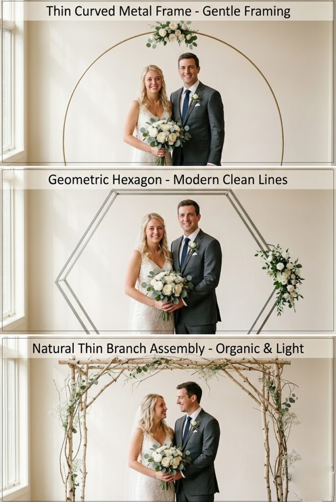 IMAGE 5 HERE Alt text: Comparison of three minimal arch styles photographed with couple—thin metal curved frame, geometric hexagon, and natural branch structure—showing how restrained arch design photographs better than dense floral arches Image prompt: Professional wedding ceremony photography showing three different minimal arch styles. Photo 1: thin curved metal arch (appears almost invisible), bride and groom clear in focus, arch provides gentle frame without dominating. Photo 2: geometric hexagon metal frame, modern clean lines, couple framed architecturally. Photo 3: natural thin branch assembly, light and organic, minimal visual weight. All three show couple's faces clearly, good sightlines, unobstructed photography, minimal arch designs that complement rather than compete. Same couple, different arch styles. Generate in vertical portrait orientation, 2:3 aspect ratio, optimized for mobile display.