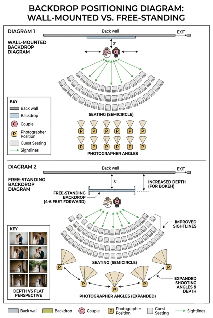 IMAGE 6 HERE Alt text: Overhead diagram showing ceremony space with wall-mounted backdrop versus free-standing backdrop 4-6 feet forward, demonstrating how positioning affects sightlines, photographer angles, and visual depth in photos Image prompt: Technical overhead diagram of wedding ceremony space. Diagram 1: backdrop mounted flush against back wall, couple positioned in front, photographer angles shown with limited lateral movement options. Diagram 2: backdrop positioned free-standing 4-6 feet in front of wall, couple positioned in front, photographer can shoot from multiple angles and depths, showing increased flexibility. Guest seating shown in semicircles, sightlines indicated. Shows how positioning affects both guest experience and photography flexibility. Clean architectural diagram style. Generate in vertical portrait orientation, 2:3 aspect ratio, optimized for mobile display.