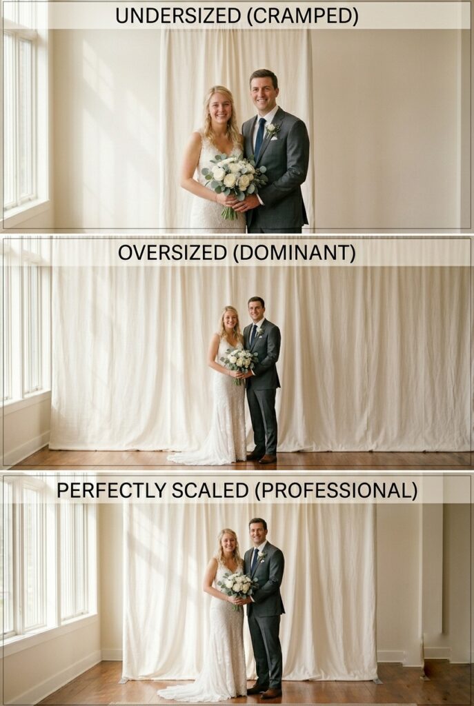 IMAGE 8 HERE Alt text: Three photography examples showing same couple photographed in front of undersized, oversized, and perfectly-scaled backdrops, demonstrating how scale affects the overall professional quality of the final image Image prompt: Professional wedding photography comparison showing three backdrop scale scenarios. Photo 1: couple in front of 5-foot-wide backdrop, appears cramped and undersized, amateurish. Photo 2: couple in front of 16-foot-wide backdrop, dominates composition, couple appears small. Photo 3: couple in front of 10-foot-wide backdrop proportionally balanced to venue, appears intentional and professional. Same couple, same venue, same lighting, different backdrop scales. Shows visual difference proper scale makes. Generate in vertical portrait orientation, 2:3 aspect ratio, optimized for mobile display.