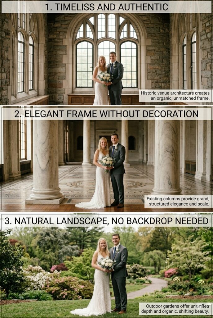 IMAGE 9 HERE Alt text: Professional wedding ceremony photographs showing beautifully photographed ceremonies with no added backdrop—using only existing architectural elements, windows, and venue features—demonstrating how authentic spaces photograph better than decorated ones Image prompt: Professional wedding photography showing three ceremonies with no added backdrop. Photo 1: couple standing in front of tall arched windows with light streaming through, venue architecture is the backdrop, timeless and authentic. Photo 2: couple positioned between classical marble columns, architectural framing, elegant without decoration. Photo 3: couple outdoors with garden and natural landscape, no backdrop needed. All three demonstrate that existing venue elements often photograph more beautifully and more timelessly than added backdrops. Professional wedding photography, authentic and elegant. Generate in vertical portrait orientation, 2:3 aspect ratio, optimized for mobile display.