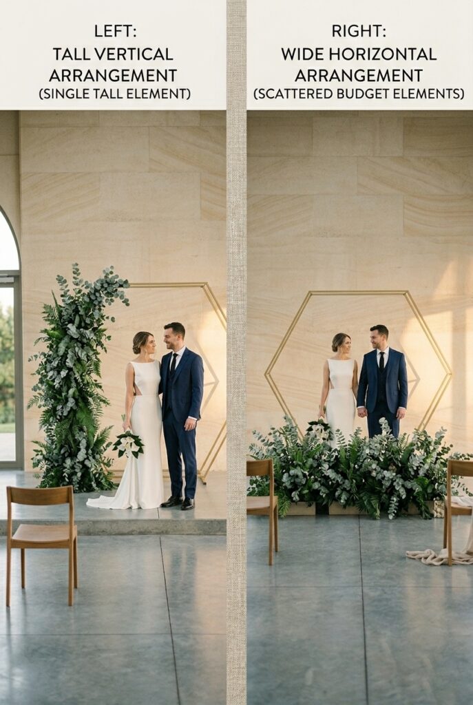 IMAGE 2 HERE Alt text: Tall vertical greenery installation (narrow, 6 feet tall) positioned next to wide horizontal floral arrangement of same material quantity, showing how vertical proportion reads more expensive despite identical cost Image prompt: Professional wedding ceremony photography comparison. Photo 1: tall narrow vertical greenery installation (4 feet wide, 8 feet tall), positioned as backdrop with couple standing in front, reads sophisticated and minimal. Photo 2: same amount of greenery arranged as wide horizontal installation (8 feet wide, 4 feet tall), same couple, reads busy and less intentional. Identical material, different arrangement. Shows how vertical proportion creates premium perception with same budget. Generate in vertical portrait orientation, 2:3 aspect ratio, optimized for mobile display.