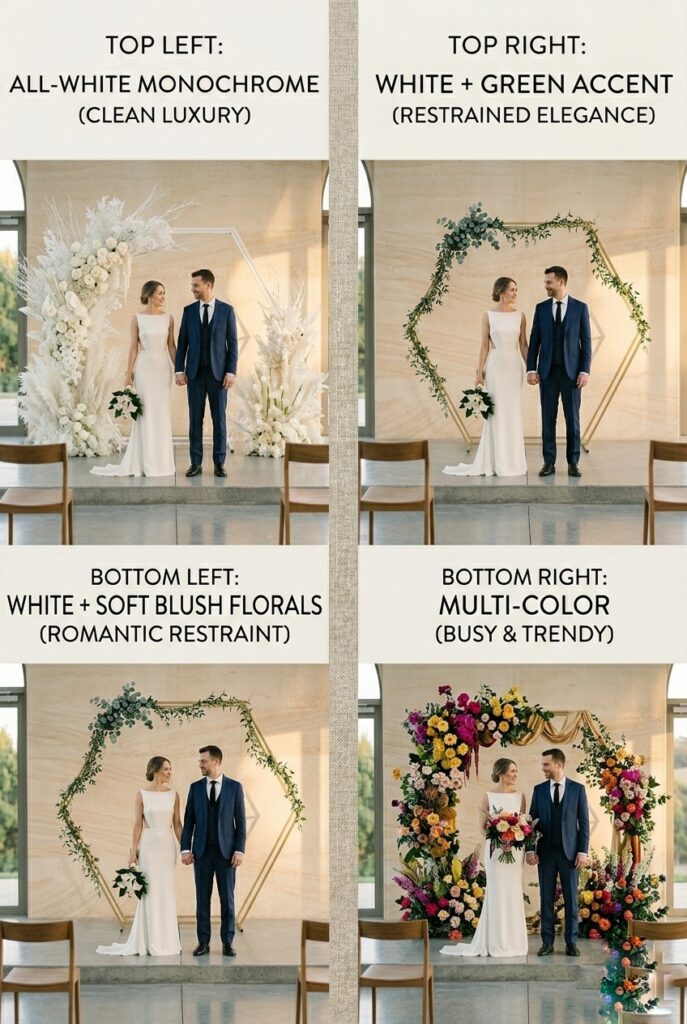 IMAGE 5 HERE Alt text: Four wedding ceremony backdrops photographed side-by-side showing all-white, white-plus-green, white-plus-blush, and multicolor designs, demonstrating how restrained color reads expensive and timeless versus busy color reads trendy Image prompt: Professional wedding ceremony photography comparison showing four backdrop color approaches. Photo 1: all-white monochrome with textured white elements, reads clean luxury. Photo 2: white + eucalyptus green accent, restrained elegant. Photo 3: white + soft blush florals, romantic restraint. Photo 4: multi-color with pink, gold, greenery clashing, reads busy and trendy. Same lighting, same couple position, different color strategies. Shows how restraint photographs as luxury and multicolor photographs as dated. Generate in vertical portrait orientation, 2:3 aspect ratio, optimized for mobile display.