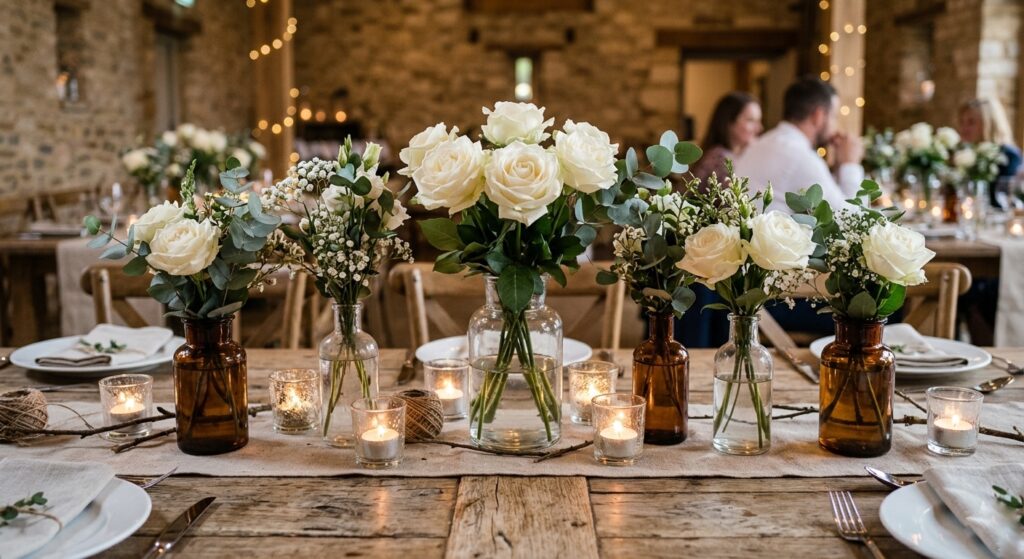 Rustic DIY centerpiece with white roses, eucalyptus, glass vases, candlelight