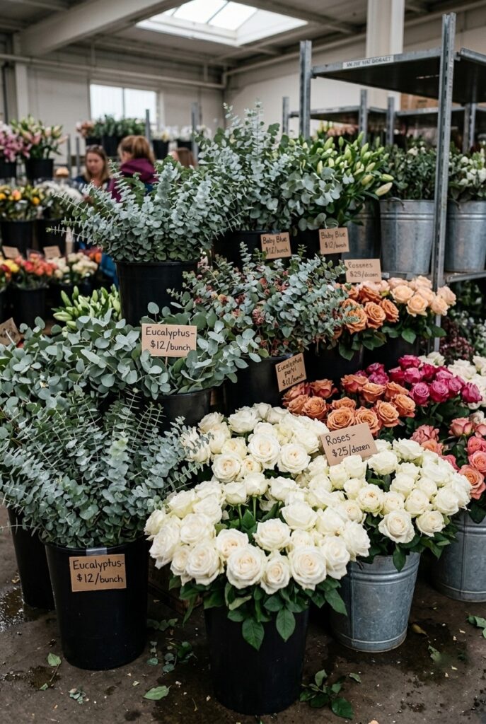 Portrait 2:3Wholesale flowers display: bunches of fresh eucalyptus and roses arranged in water buckets