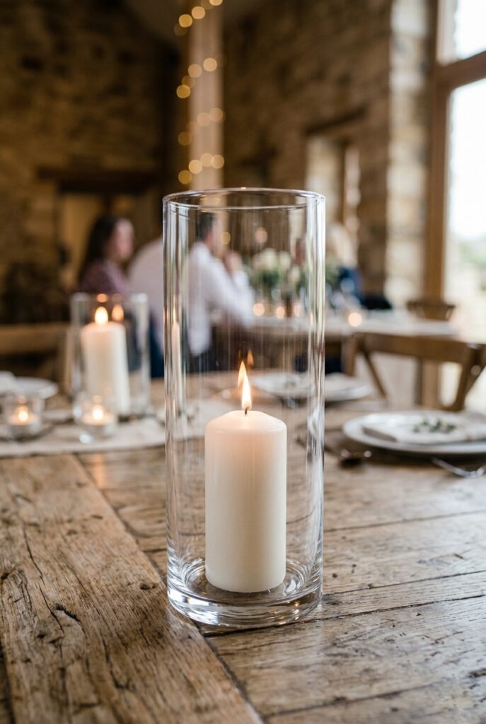 Portrait 2:3Glass hurricane cylinder vases in various heights arranged on a table, showing clear glass quality
Just one