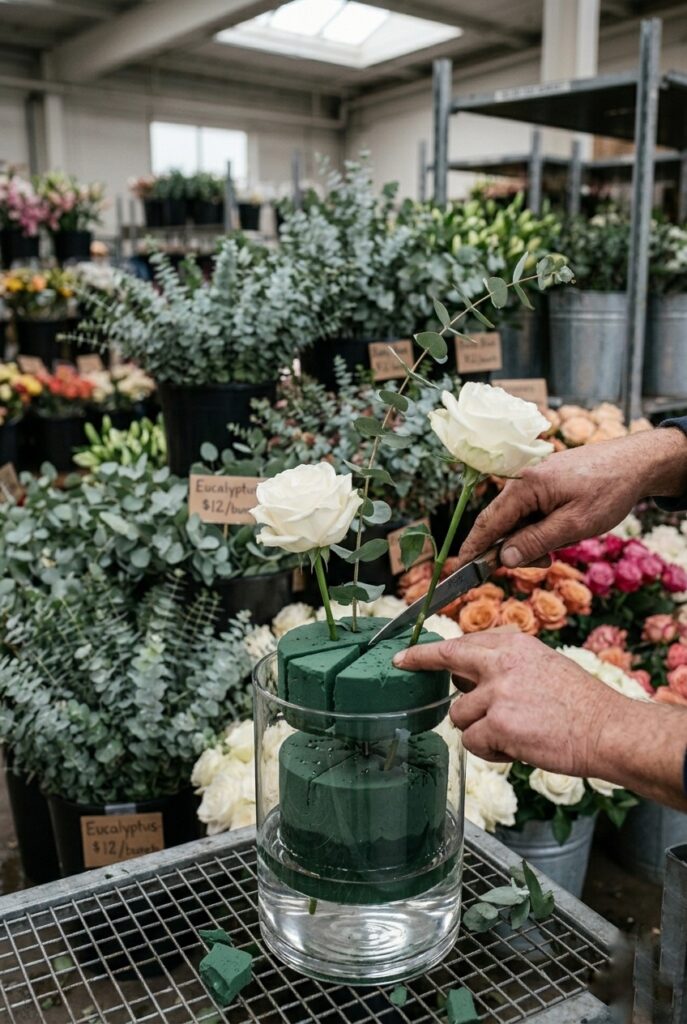 Portrait 2:3Wholesale flowers display: bunches of fresh eucalyptus and roses arranged in water buckets