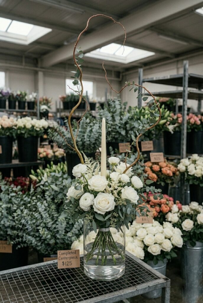 Portrait 2:3Tall curved branches creating height variation in a centerpiece with roses and eucalyptus