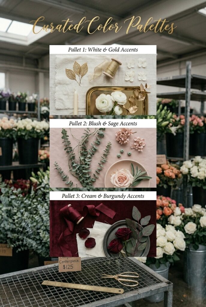 Portrait 2:3Three color palettes displayed: white with gold accents, blush with sage accents, cream with burgundy accents