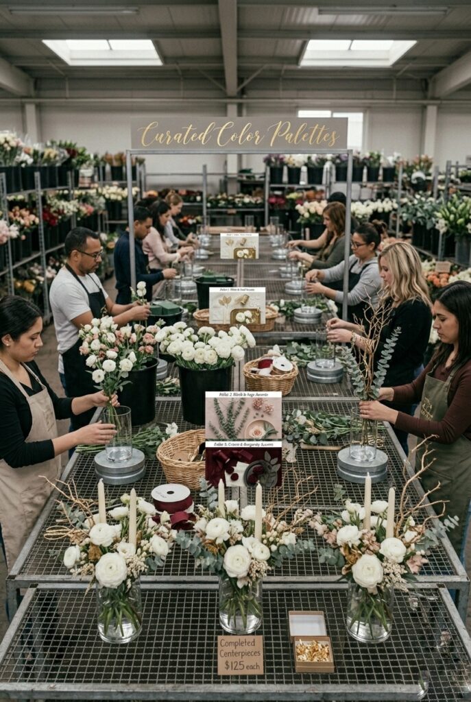 Portrait 2:3Wide table shot showing assembly-line DIY production with 10+ centerpieces in various stages of completion