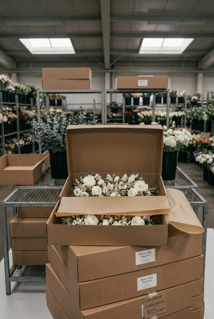 Portrait 2:3Finished centerpieces stacked flat in shallow bakery boxes with parchment between layers, in a storage room