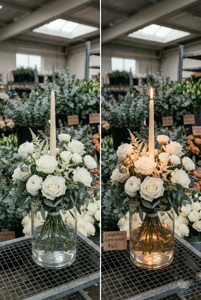 Portrait 2:3Completed centerpiece with white flowers and greenery lit by a taper candle, side-by-side comparison of lit vs. unlit