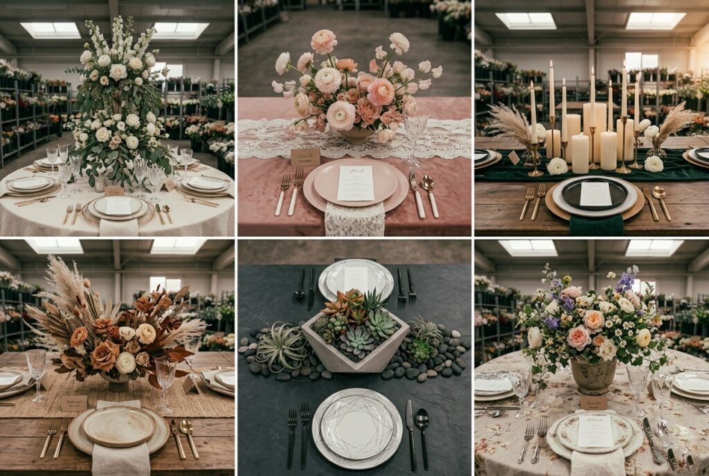 HERO IMAGE / FEATURED IMAGE Alt text: Elegant wedding centerpiece collection showing varied heights and styles arranged on different table settings Image prompt: A curated flat-lay overhead shot showing six distinct wedding centerpiece styles arranged in a grid pattern: tall white floral with greenery, short blush arrangement, candle-focused centerpiece with gold holders, botanical with dried elements, modern minimalist with succulents, and romantic garden-style mixed arrangement. Each centerpiece is shown on its appropriate table setting with linens and place settings to show scale. Warm romantic soft natural lighting from the side highlighting the textures and colors. Photography style: high-end wedding magazine editorial. Generate in horizontal landscape orientation, 3:2 aspect ratio, optimized for desktop display.
