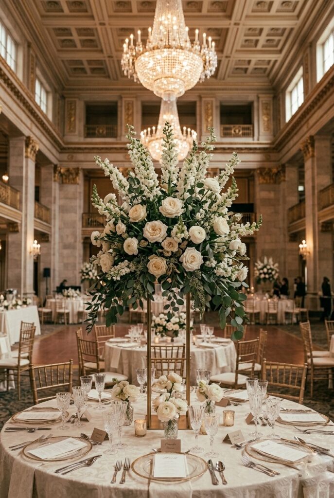 Portrait 2:3Tall formal floral arrangement in ballroom setting with high ceilings