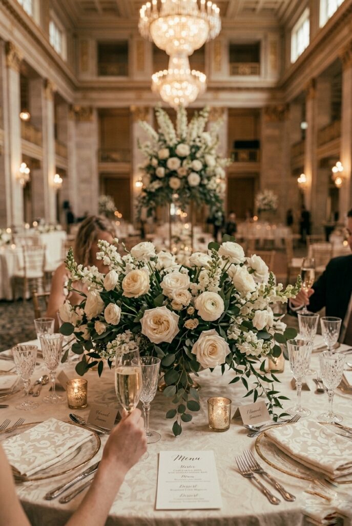 Portrait 2:3Low intimate arrangement at round table with place settings