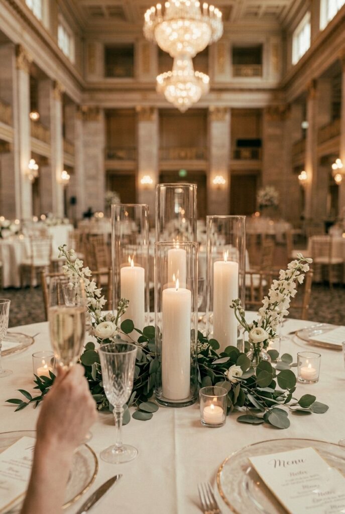 Portrait 2:3Candle-focused minimalist centerpiece with hurricane vases and greenery