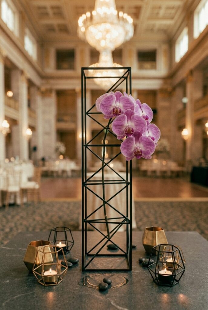 Portrait 2:3Single orchid in tall thin vase (geometric modern approach)