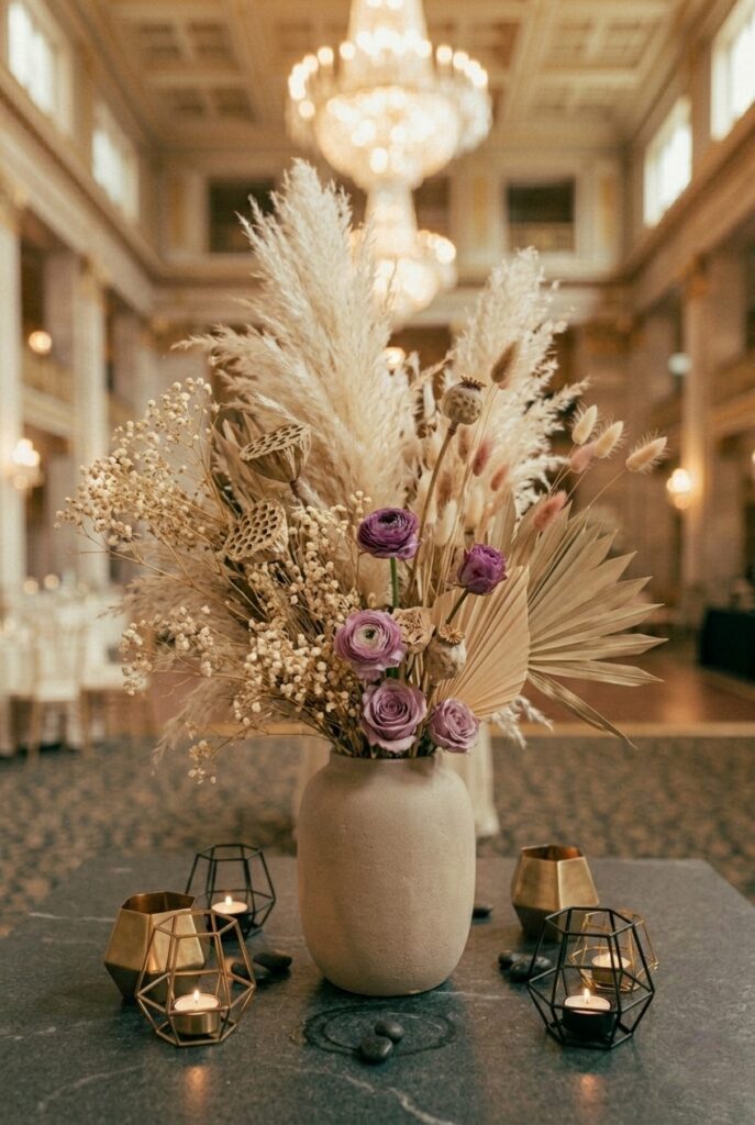 Portrait 2:3Dried flowers and pampas grass arrangement in neutral vessel